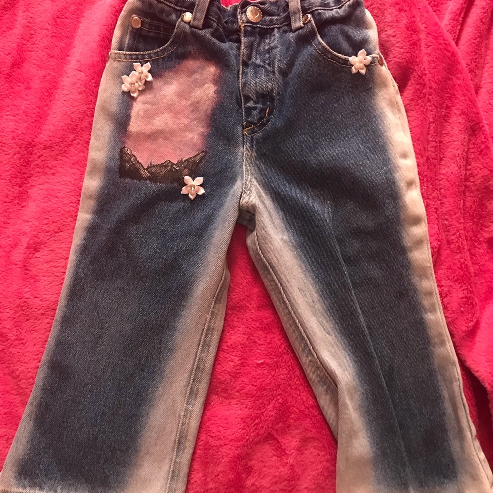 Girls Denim Jeans with Pink Patch & Floral Accents